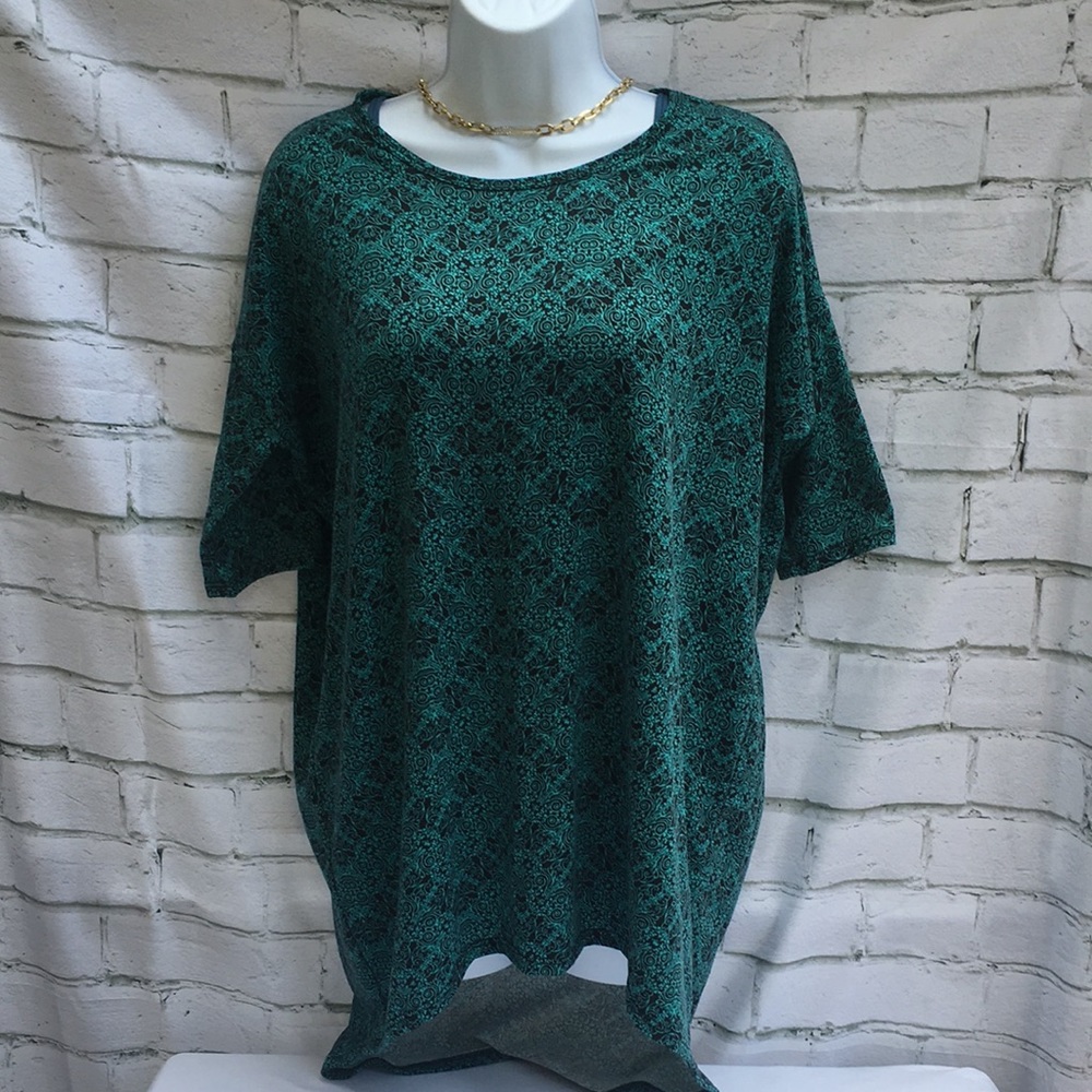 LulaRoe multi design teal and black long tunic tee